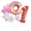 Detail of sweet donut and red striped number 1 balloon set for 1st birthday party decoration - Number 1 Style