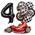 Rennwagen Party Ballon Set mit Nummer 4, Helmen und Zielflaggen Dekoration - Nummer 4 Renn-Set