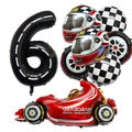 Racing party set with red F1 car, helmet, tire balloons and black number 6 for 6th birthday - Number 6 Racing Set