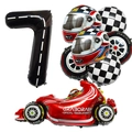 Racing party set with number 7 foil balloon, red race car, and checkered flag balloons - Number 7 Racing Set