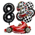 Racing theme balloon set featuring checkered flag, tire, and number 8 for birthday decor - Number 8 Racing Set