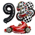 Racing themed balloon set with red car, helmet, tires and checkered flags for 9th birthday - Number 9 Racing Set