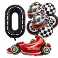 Racing party set detail with red F1 car, checkered flags, helmet and tire balloons - Number 0 Racing Set