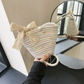 Schicke Strohtasche in Eimerform mit großer Spitzenschleife, Perle und Seilgurt - Einzelne Tasche ohne Schal / Bunt