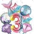 Mermaid theme 3rd birthday balloon set with gradient rainbow number and shell shapes - Age 3 Set