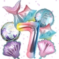 Mermaid party set featuring a gradient number 7 balloon and iridescent fish tail decor - Age 7 Set
