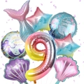 Detail of mermaid party balloon set with gradient number 9 and seashell shapes - Age 9 Set