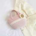 Pink and white striped handmade woven tote bag featuring a decorative sunflower accent - Straw Flower Style / Pink