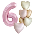 Detail of 40-inch pink number 6 foil balloon and heart-shaped balloons for party - Pearlescent Pink Number 6 Set