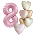Detail of pink number 8 foil balloon with pastel heart balloons for birthday decor - Pearlescent Pink Number 8 Set