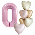 Detail of 40-inch pearlescent pink number 0 balloon with five pastel heart balloons - Pearlescent Pink Number 0 Set