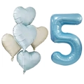 Kit de ballons en aluminium bleu nacré chiffre 5 et cœurs pour fête de 5ème anniversaire - Ensemble de Ballons Chiffre 5 Bleu Perlé Et Cœur