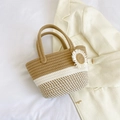 Handmade woven straw tote bag in brown and white with decorative white daisy charm - Straw Flower Style / Khaki
