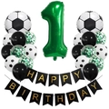Detail of soccer themed 1st birthday party set with balloons and happy birthday banner - Age 1 Style (Football Set 1)