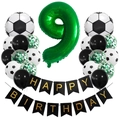 Soccer themed 9th birthday party kit with green number 9 foil balloon and hanging banners - Age 9 Style (Football Set 9)