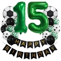 Soccer theme party set with green number 15 foil balloon and happy birthday banner - Age 15 Style (Football Set 15)