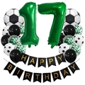 Soccer theme 17th birthday decor with green foil numbers and football balloons - Age 17 Style (Football Set 17)