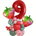 Detail of strawberry themed party balloons with a large red number 9 foil balloon - Number 9 Set