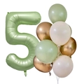 Detail of sage green number 5 foil balloon set with assorted gold and cream latex balloons - Olive Green Number Set 5