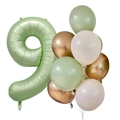 Sage green 40-inch number 9 balloon with gold and cream latex balloon cluster set - Olive Green Number Set 9