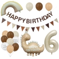 Makro-Detail des Retro-Dinosaurier-Ballons und Geburtstagsbanner-Sets in Karamell - Sechster Geburtstag Party Set
