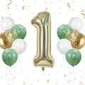 Detail von champagnergoldener Zahl 1 Ballonset mit salbeigrünen und Konfetti-Luftballons - Champagner Gold Nummer 1