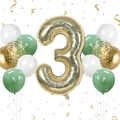 Set mit champagner-goldener Folienballon-Zahl 3, salbeigrünen und weißen Latexballons - Champagner Gold Nummer 3