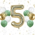 40-inch champagne gold number 5 balloon set with sage green and white latex balloons - Champagne Gold Number 5