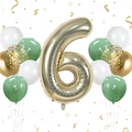 Champagne gold number 6 foil balloon with sage green and gold confetti balloon bouquet - Champagne Gold Number 6