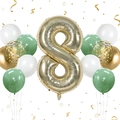 Detail of 40-inch champagne gold number 8 balloon with sage green and gold confetti decor - Champagne Gold Number 8