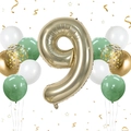 Detailed view of champagne gold number 9 foil balloon with sage green and white latex accents - Champagne Gold Number 9