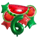 Watermelon party balloon set featuring a large green number 6 and red star foil balloons - Watermelon Decor Style (j052703-6)