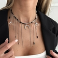 Bohemian silver moon crescent necklace with black beads and long metal tassels - Silver Moon Tassel Black Silver Beads / Silver (7503)