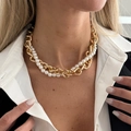 Exaggerated chunky gold Cuban chain and white faux pearl layered necklace for women - Gold Cuban Chain Splicing Style (04652) / Gold