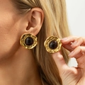 Vintage gold hammered metal round stud earrings with a dark gemstone center on model - Alloy / Stud Earrings (3860) / Gold