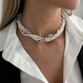 Exaggerated metal chain and faux pearl layered necklace with geometric CCB pendants - Silver Geometric Metal Bead Twisted Style (07504) / Silver