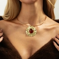 Vintage gold collar necklace with hammered pendant and amber red bead on model - Iron / Necklace (7515) / Gold