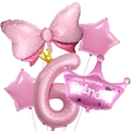 Pink 6th birthday balloon set with number six, bow, crown and star foil balloons - Number 6 Set / Pink