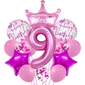 Pink 9th birthday balloon set with number 9 and princess crown for girl party - Crown Rose Red Set - Number 9