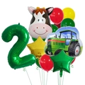 Farm animal party balloon set with green tractor, cow head, star and number two balloon - Number 2 Style