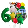 Farm theme 6th birthday balloon set with green number 6, cow and tractor foil balloons - Number 6 Style