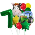 Farm theme first birthday balloon set with green number 1 cow and tractor foil balloons - Number 7 Style