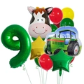 Farm party set with number 9 balloon, green tractor, cow head and star shaped foils - Number 9 Style