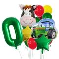 Detailed farm theme party balloon set with cow, tractor, and green number zero foil balloons - Number 0 Style