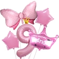 Pink number 9 foil balloon set with crown, bow, and stars for girls birthday party - Number 9 Set / Pink