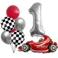 Racing party set with red car foil balloon, silver number one, and checkered flag balloons - Number 1 Style (j052808)