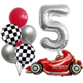 Racing party balloon set with F1 car, checkered flags and large silver number 5 - Number 5 Style (j052808)