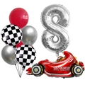 Racing party set featuring red F1 car balloon, silver number 8 and checkered flags - Number 8 Style (j052808)