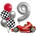 Racing party set featuring F1 car balloon, checkered flags and silver number 9 balloon - Number 9 Style (j052808)