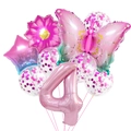 Dettaglio di palloncini a farfalla rosa sfumato e numero 4 con palloncini in lattice glitter - Set Farfalla Rosa 4